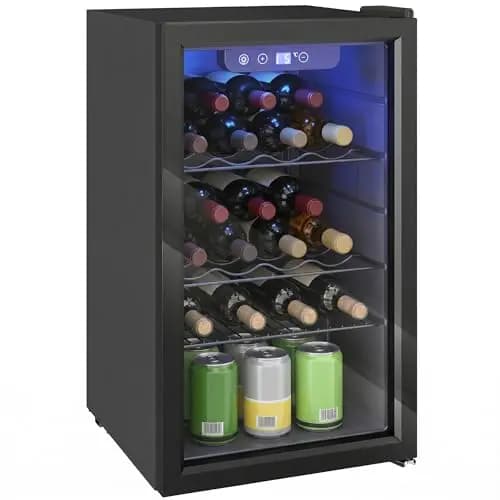 HOMCOM Cave à vin 24 bouteilles 68L, réfrigérateur à vin et boissons avec température réglable 4-16 °C, porte réversible en verre trempé double, éclairage LED, écran tactile et étagère amovible, noir – Image 1