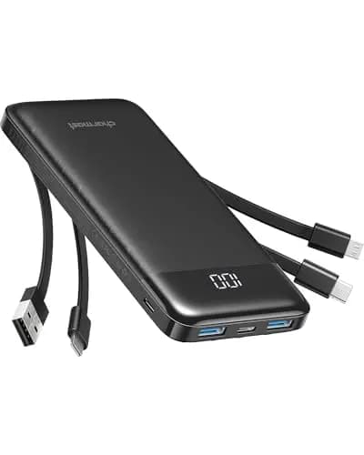 Charmast Batterie Externe, 10000mAh Power Bank avec 4 Câbles Intégrés, USB C Mince Batterie Portable Compatible avec iPhone 17/16/15, AirPods, iPad, Samsung etc