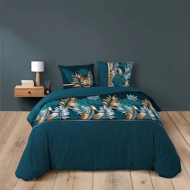 Douceur d'Intérieur, Parure de Lit 3 Pièces (260 x 240 cm) Alianor Bleu, 100% Coton