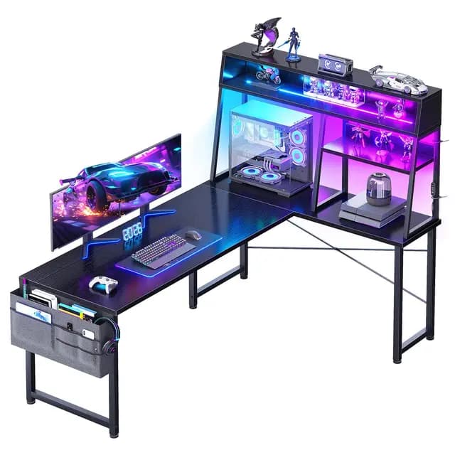 Coleshome Bureau Gaming Angle avec LED, 150 × 100 cm Bureau Gaming Réversible avec Étagère Multiniveau, Table en L avec Sac de Rangement pour Bureau Domicile et Gaming, Noir – Image 1