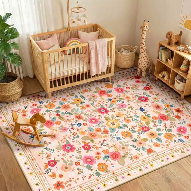 INOVADAY Tapis Lavable 90x150 cm, Style Bohème, Poils Courts, Antidérapant, Imprimé Floral, pour Salon, Chambre à Coucher, Salle à Manger, Bureau,t, Rose/Beige