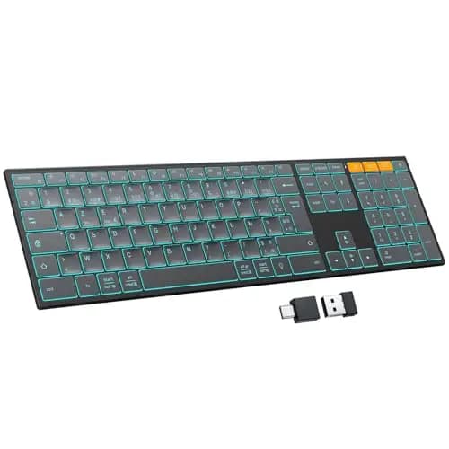 OMOTON Clavier sans Fil Métal, Bluetooth 2.4G Rétroéclairé Clavier, Rechargeable avec 2 Canaux Keyboard à Ciseaux AZERTY Français Ergonomique Silencieux pour PC/Mac/Windows (Gris Graphite) – Image 1