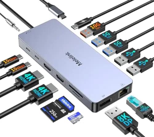 Melelink Station d'accueil USB C Double Moniteur, Dock USB C 15 en 1 Docking Station Dual HDMI 4K 60Hz, 8K DP, 7*USB, Gigabit Ethernet, PD 100W, SD/TF et 3.5mm Audio, Hub USB C pour Dell HP Lenovo