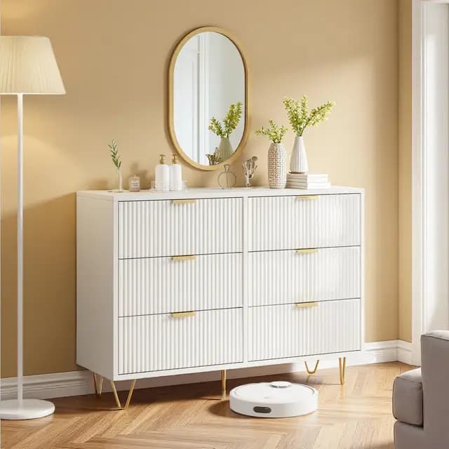 Chiffonnier 6 Tiroirs, Commode Blanche en Bois, Meuble de Rangement avec antichute et Pieds surélevés, Placard Rangement pour Chambre, Salon, Entrée, Bureau,100 x 34 x 73 cm