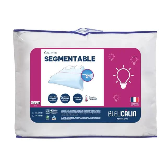 Bleu Calin Couette Chaude Segmentable 2 Personnes 240x260 cm, Lavage Facile en Machine Jusqu’à 95 °C, Fabriquée en France