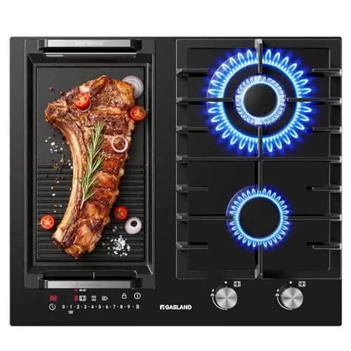 GASLAND GIH604BF Plaque mixte gaz et induction 60 cm, Gaz 5200 W avec brûleur wok, Induction 3500 W avec fonction BBQ, Verre noir encastrable (Sans poêle)