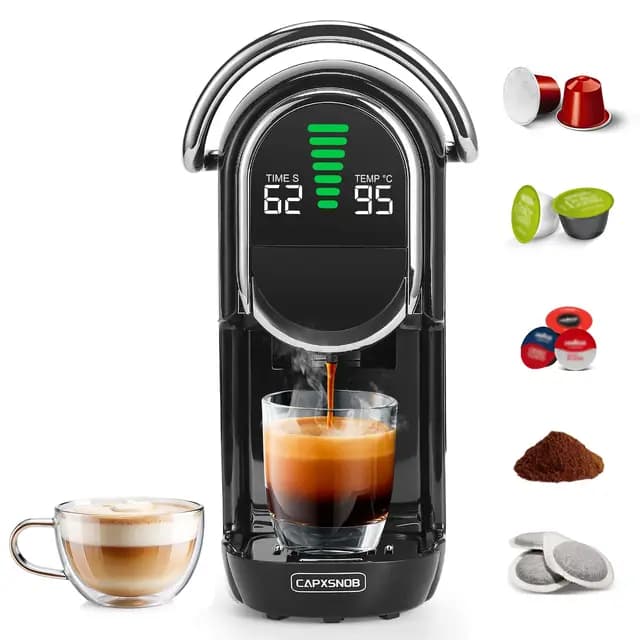 Magician1 Machine à café Capsules pour Nespresso, Dolce Gusto, Lavazza A Modo Mio, Dosettes ESE 44mm et Café Moulu, Température et Taille Tasse Réglable, 20Bar, Cafetière Chaud ou Froid