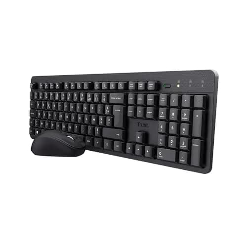 Trust Ymo II Pack Clavier et Souris sans Fil AZERTY Français Silencieux, Touches Plates Flottantes, Résistant aux Éclaboussures, Récepteur USB Unique, Set pour PC, Portable, Windows, Mac - Noir