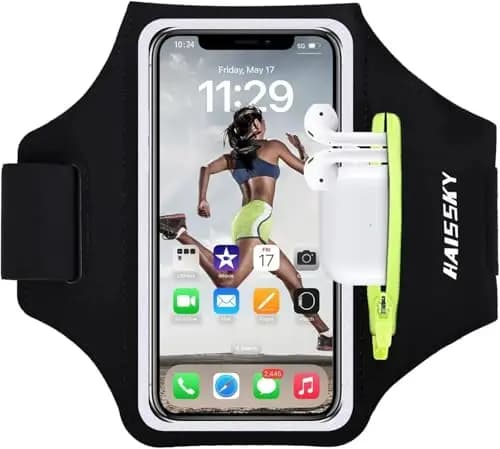 Brassard de Sport avec Poche pour Écouteurs et Clés,Compartiment Zippé -Brassard de Course Imperméable pour iPhone 17/16/15 Pro Max(Jusqu'à 6.9")-Brassard de téléphone pour Jogging,Running et Fitness