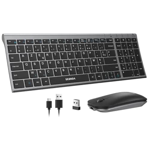 seenda WGJP-031B Combo Clavier et Souris sans Fil Rechargeable, Silencieux, Ultra-Fin, AZERTY Français, 2,4 GHz Récepteur USB, avec Pavé Numérique, pour Windows, PC, Ordinateur Portable,Gris – Image 1