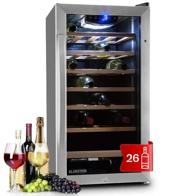 Klarstein Cave a Vin, Réfrigérateur à Vin avec Porte en Verre, Cave à Vin de Vieillissement, Zone Unique, Prosecco, Bière, Ecran Tactile, Réfrigérateur Bar, Frigo, Protection UV, 5-18°C, 26 Bouteilles – Image 1