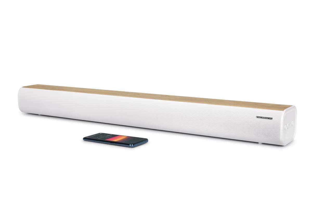 THOMSON SB401BT Barre de Son – 200W Puissance Musicale Totale – Bluetooth 5.0 – Entrées Optique, USB & AUX – Préréglages EQ – Télécommande – Indicateur LED de Source – Design Blanc & Bois