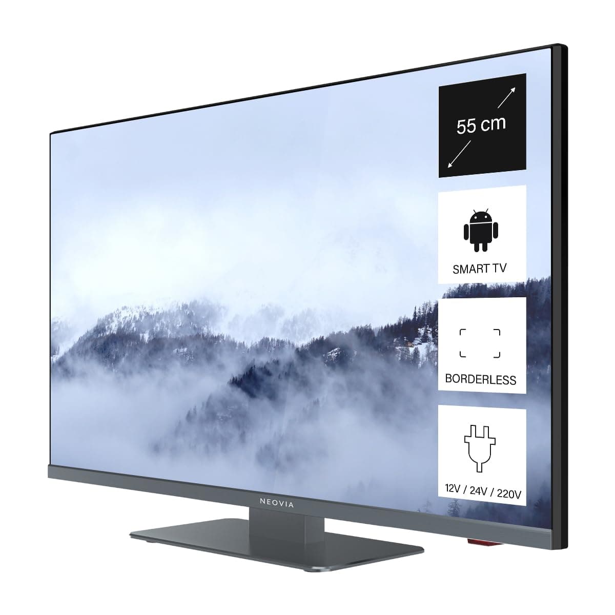 Smart TV 22" (55 cm) Borderless - Android Connecté Internet WiFi avec Bluetooth - 12V/24V/220V - Camping Car Camion Fourgon Poids Lourd Caravane Bateau Cuisine - Garantie 2 Ans