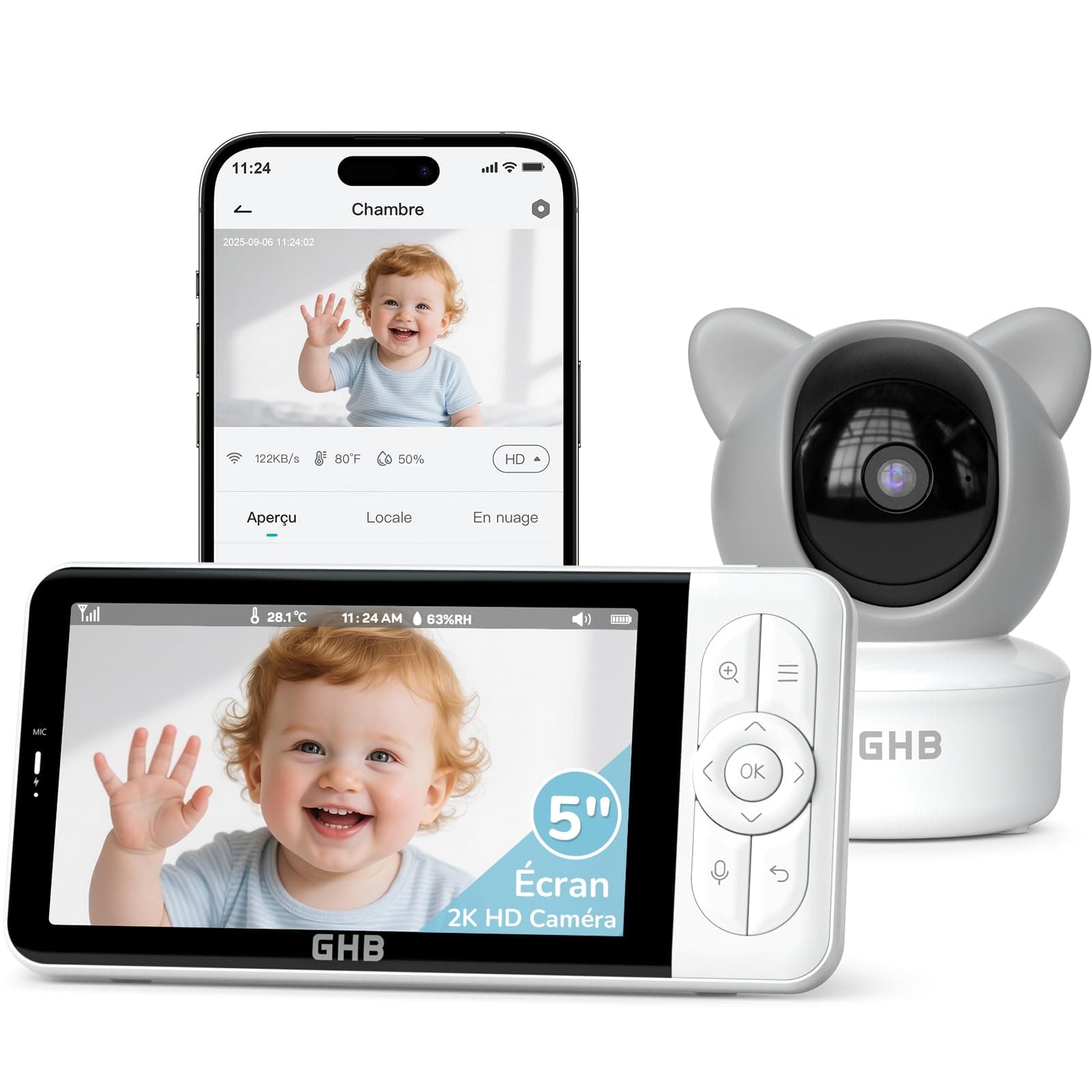 GHB Babyphone Caméra 2K Écran 5" Rotation 350°