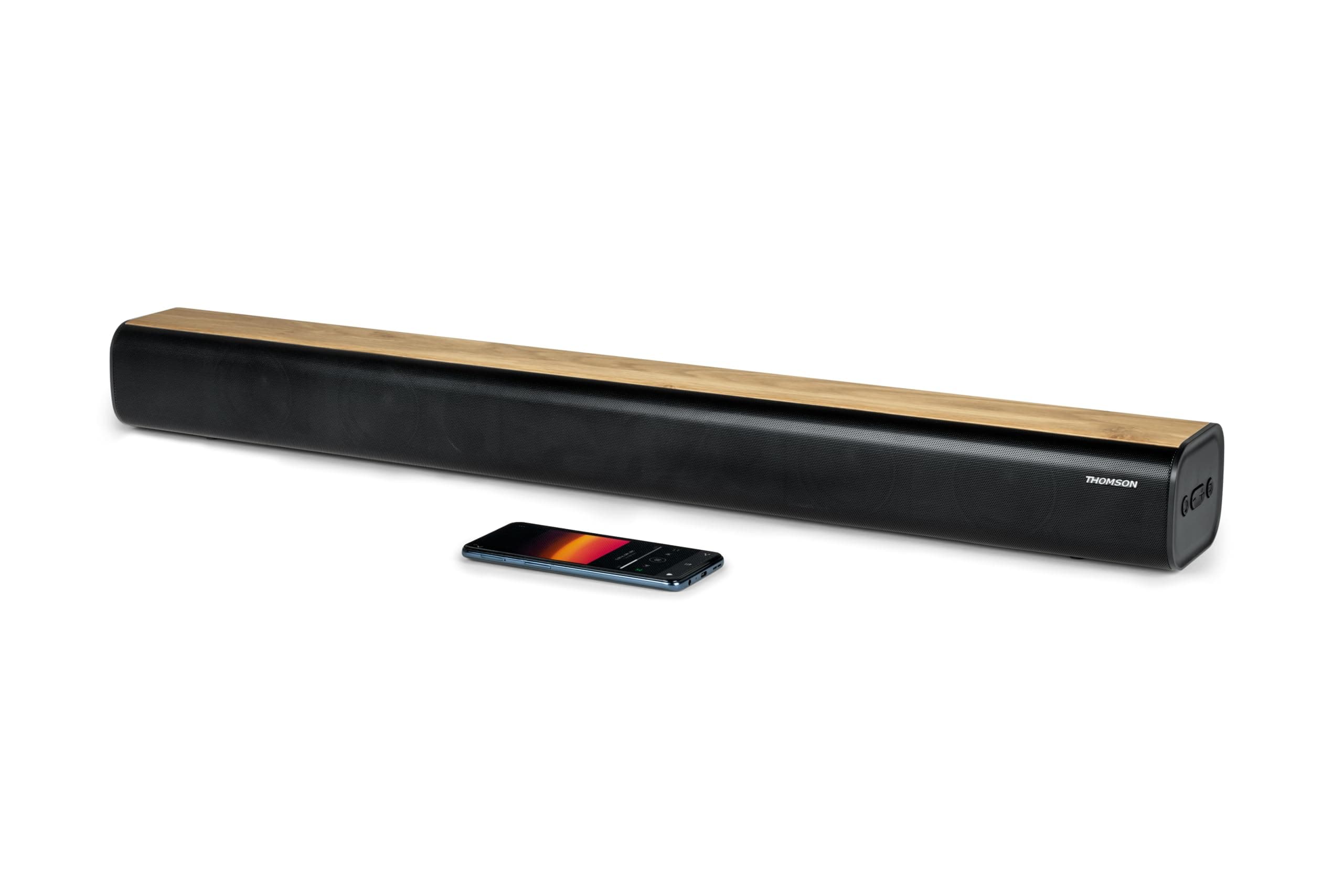 THOMSON Barre de Son Bluetooth 5.0 200W – Sans fil- Design Noir & Bois – USB, Optique, AUX, Fixation Murale – 86 cm- télécommande- SB402BT