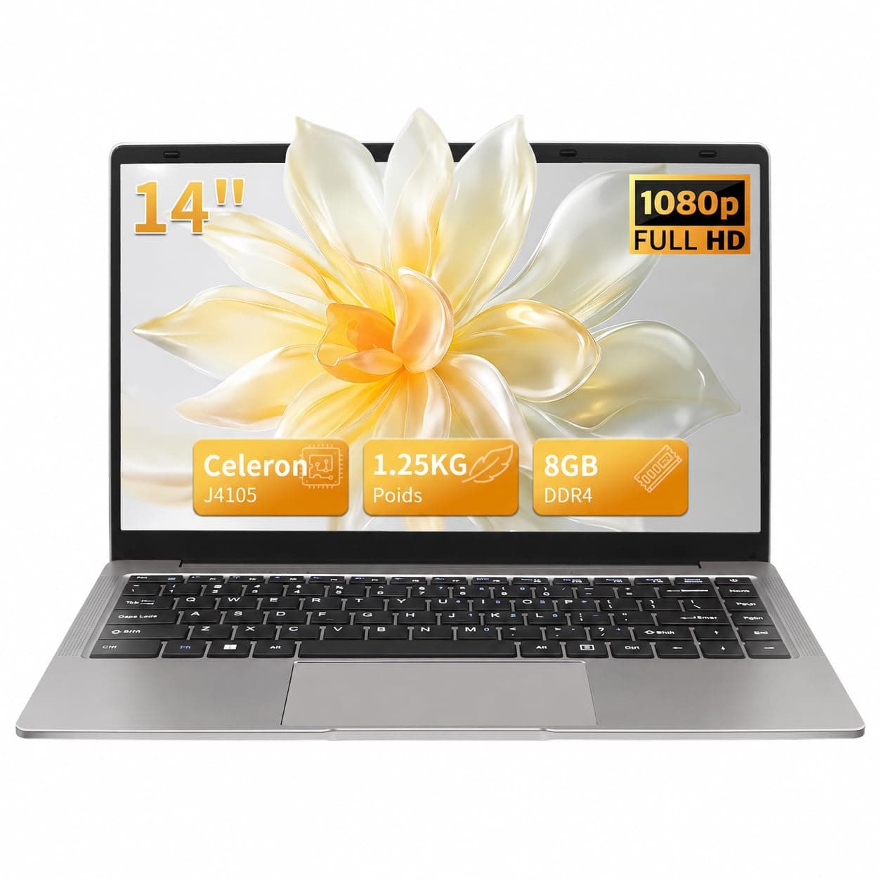 Ordinateur Portable 14 Pouces, 8 Go DDR4, PC Portable Celeron J4105, Ultrabook, IPS 1920 x 1080, avec Protection de Clavier AZERTY en français (Gris, 8GB+256G SSD)