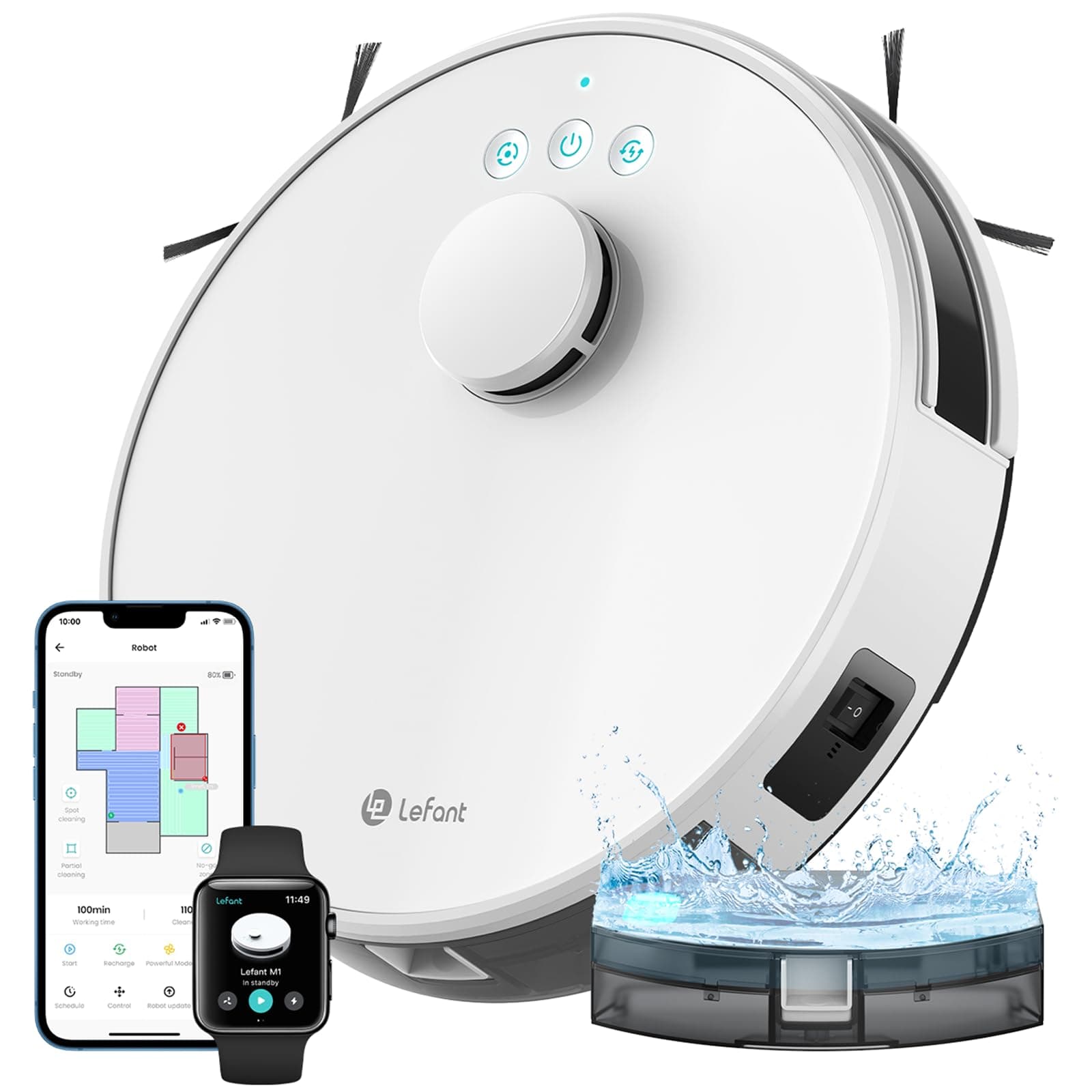 Lefant M1 Robot Aspirateur Laveur 3 en 1 5500Pa, Navigation LiDAR avec Cartographie Multi-étage, Zones Virtuelles, Commande Alexa/APP/WiFi, Idéal pour Poils d’Animaux, Tapis et Sols Durs, Blanc
