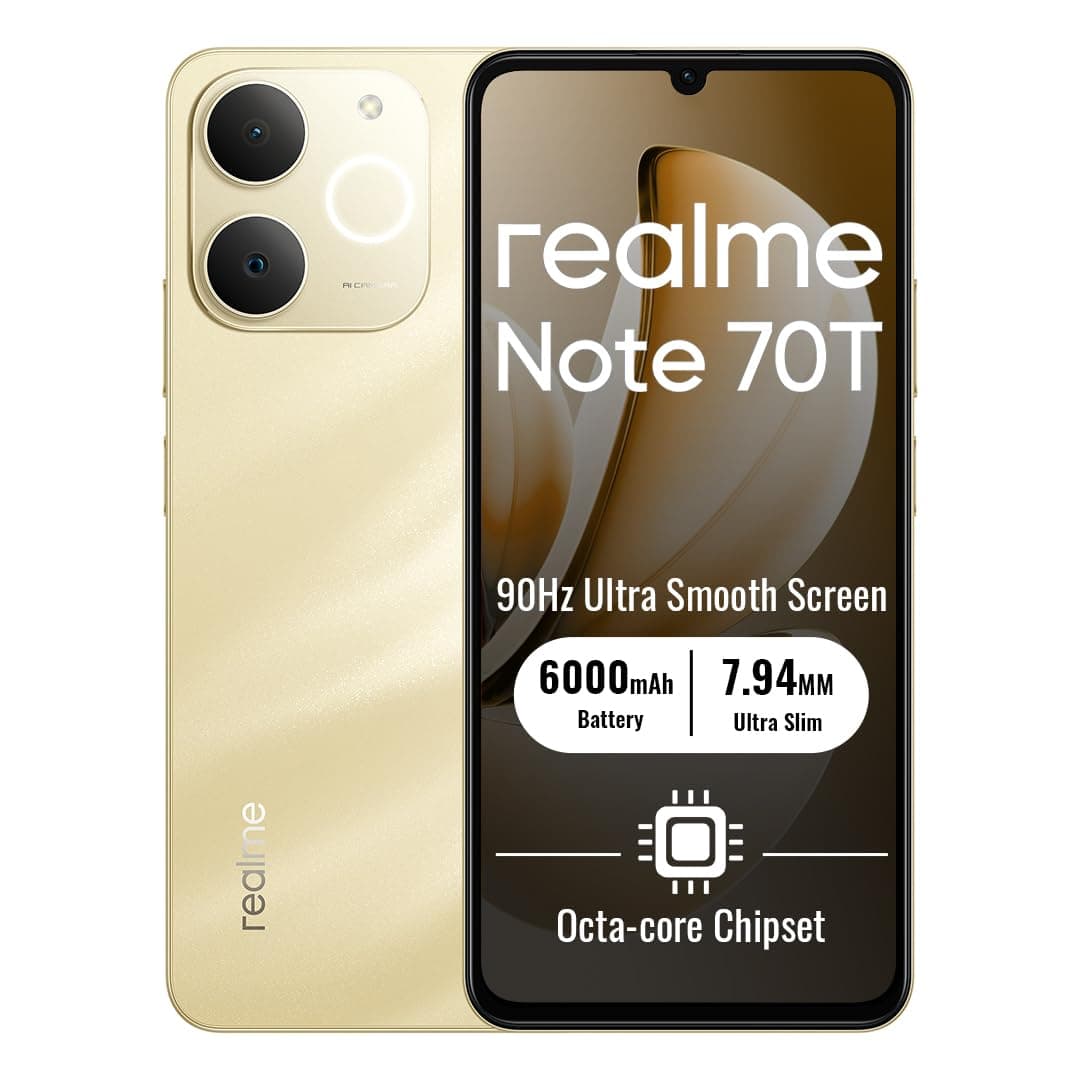 realme Note 70T Smartphone 4G 4+64Go, 6.75 Pouces d'écran, Beach Gold, 90Hz d'affichage, 6000 mAh de Batterie, 32 MP de caméra, Processeur Octa-Core Puissant, Protection ArmorShell, IP54