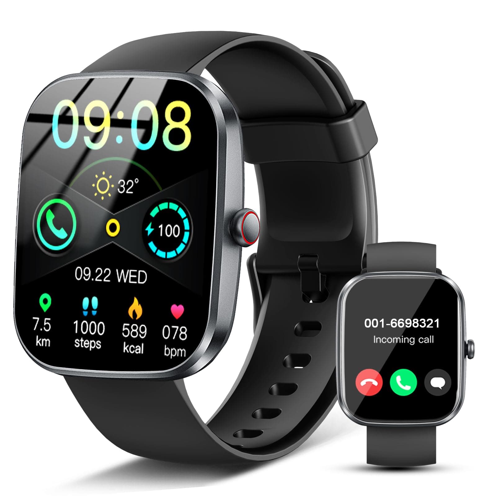 Montre Connectée pour Homme Femme, 1.91" HD Smartwatch avec Appel Bluetooth, Podomètre Sommeil Cardiofréquencemètre, Montre Sport avec 110+ Sportifs, étanche IP68, Fitness pour Android iOS, Noir