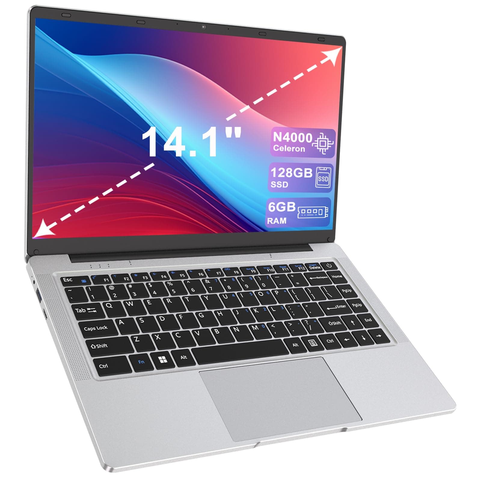 Ordinateur Portable 14 pouces 2 cœurs (jusqu’à 2,6 GHz) PC Portable 6 Go DDR4 128 Go SSD, WiFi 5G, Mini-HDMI, Design Sans Ventilateur Computer, Idéal pour Étudiants, Entreprise – Souris Incluse
