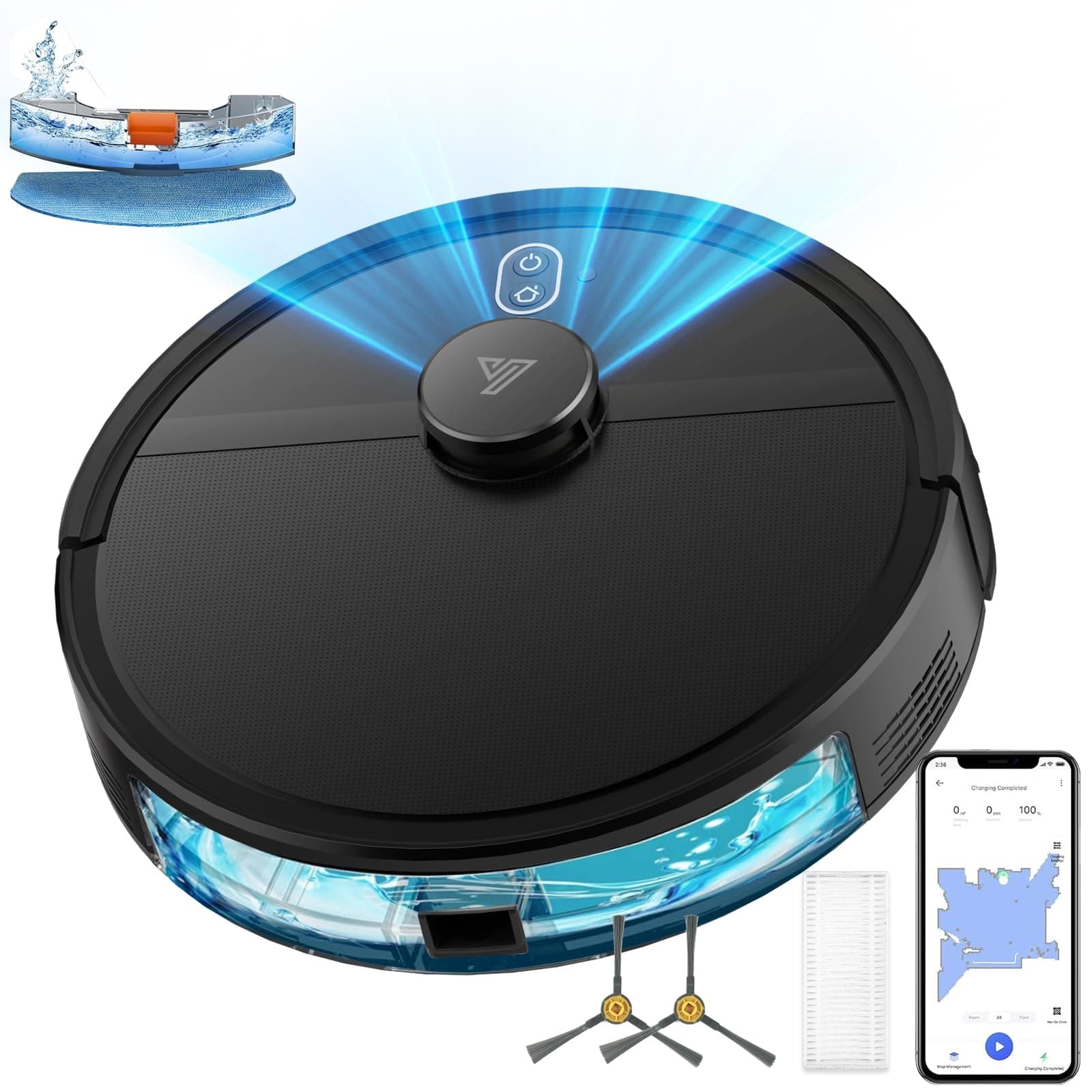 2026 Robot Aspirateur Cartographie Jusqu'à 5000 Pa, 2 en 1 Aspirateur Robot Laveur Navigation LiDAR, 120 Mins, WiFi/App/Voix, Évitement Intelligent d'obstacles Idéal Pour les Poils d'animaux, Noir
