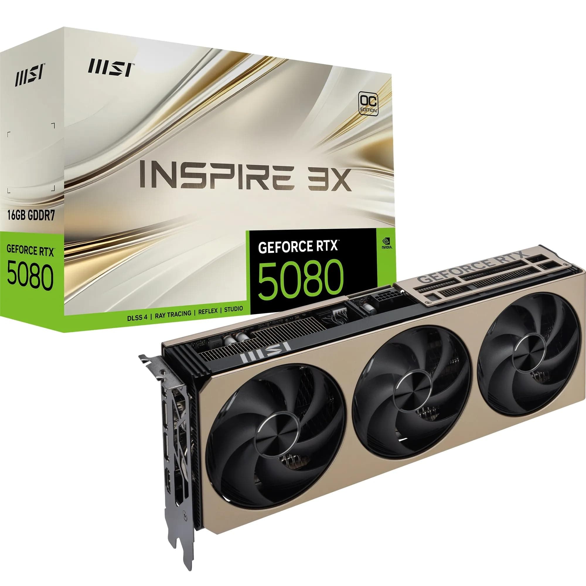 MSI NVIDIA GeForce RTX 5080 16G Inspire 3X OC Carte Graphique 16 Go GDDR7 (30 Gb/s/256 Bits), Refroidissement à Triple Ventilateur (3 x STORMFORCE Fan) - HDMI 2.1b, DisplayPort 2.1b, SFF Ready