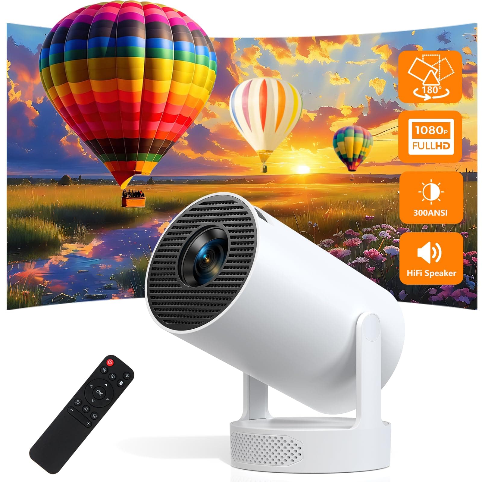 Mini Projecteur Supporte 4K 1080P, Vidéoprojecteur Portable avec OS Android 11, WiFi 6 & Bluetooth 5.0, 300 Lumens ANSI, Keystone Vertical Auto, Haut-Parleur HiFi pour Chambre, Blanc