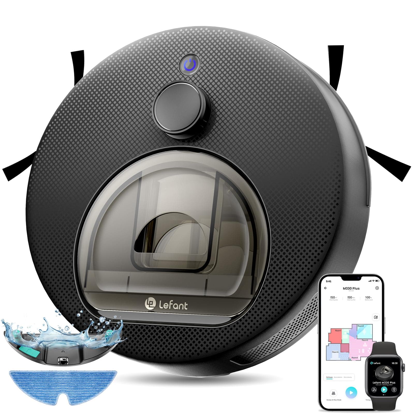 Lefant M330 Plus Robot Aspirateur Laveur 3en1, 5000Pa, Navigation LiDAR Précise, Système Freemove 2.0, Anti-Emmêlement, Zone Interdite Intelligente, 3 Niveaux d'Aspiration, 160Min, APP/Alexa, Noir
