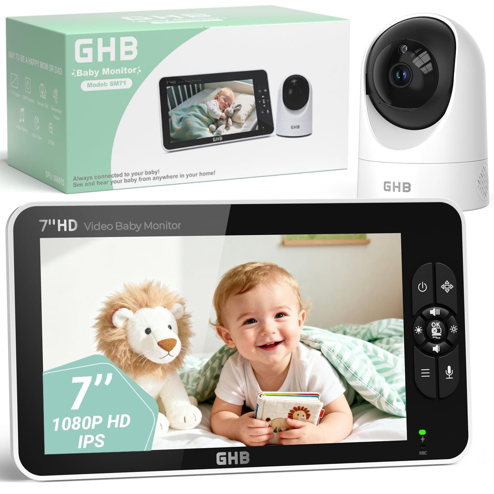 GHB Babyphone Écran 7" Caméra 1080P Rotation 350°