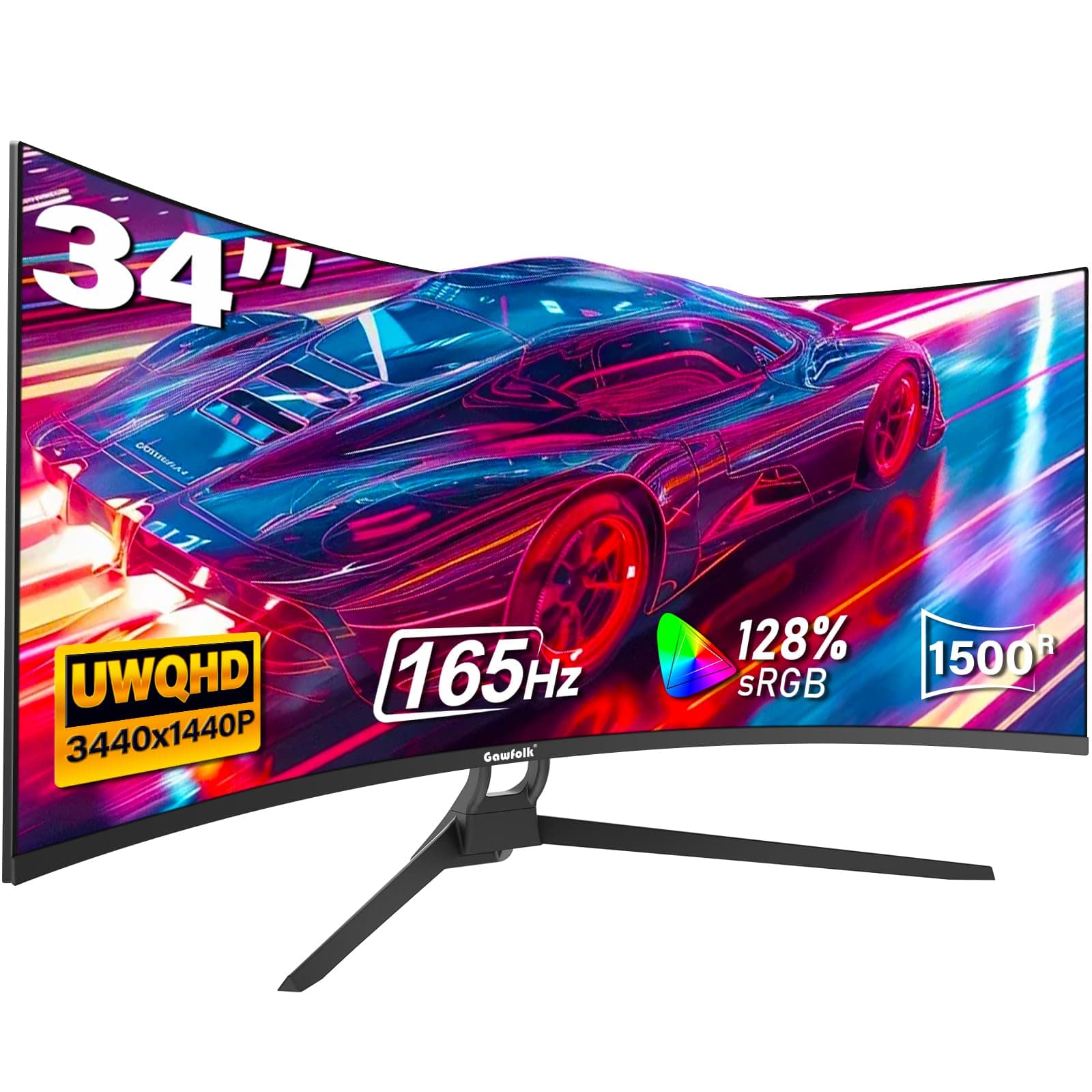 Gawfolk Écran PC Incurvé 34 Pouces, Moniteur Gaming 1500R 165Hz, Ecran PC UWQHD 2K 3440x1440, 128% sRGB, 1ms MPRT,Interface HDMI & DP, Protection des Yeux