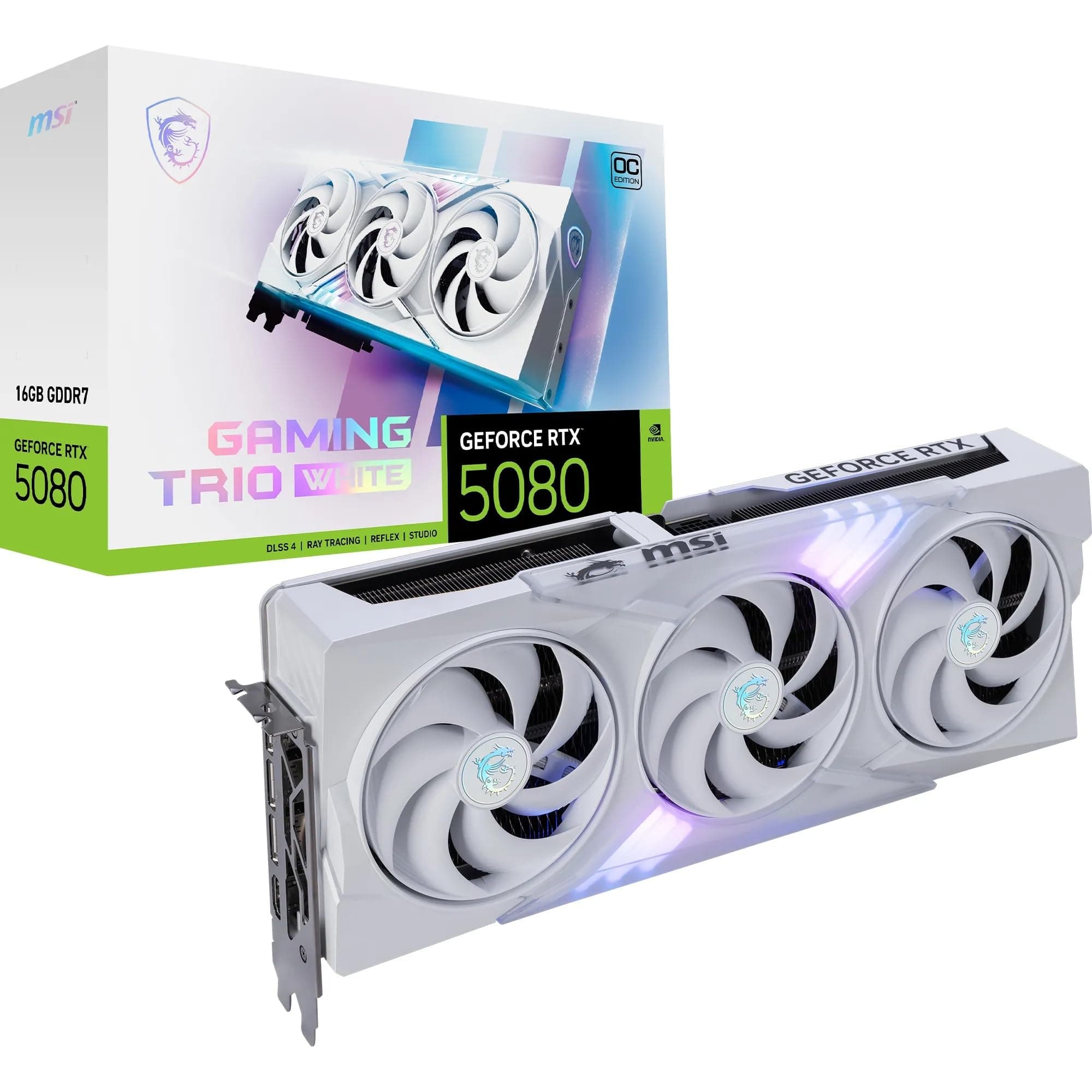 MSI NVIDIA GeForce RTX 5080 16G Gaming Trio OC White Carte Graphique - 16 Go GDDR7 (30 GB/s, 256-bit), PCIe 5.0 - TRI FROZR 4 (3 x Ventilateurs STORMFORCE), RGB - HDMI 2.1b, DisplayPort 2.1b