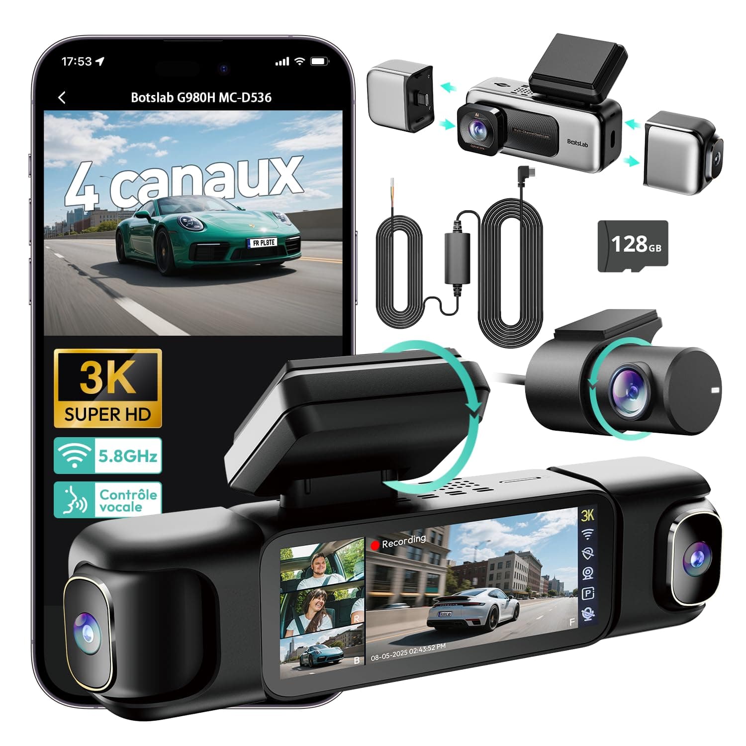 BOTSLAB Dashcam 4 Canaux Voiture