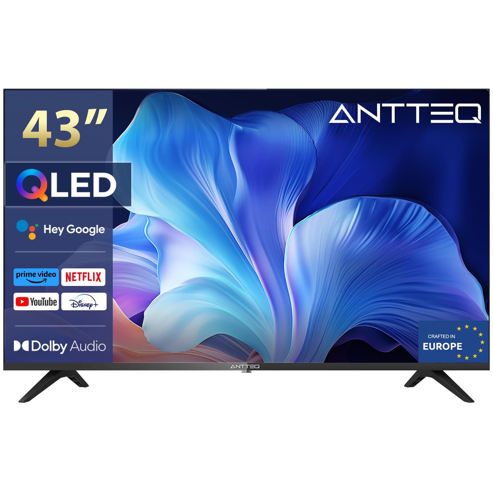 Antteq Smart TV QLED 4K 43 Pouces (109 cm) - Design sans Bord, HDR, Store d'Apps, Assistant Vocal Bluetooth, WiFi 2.4/5 GHz