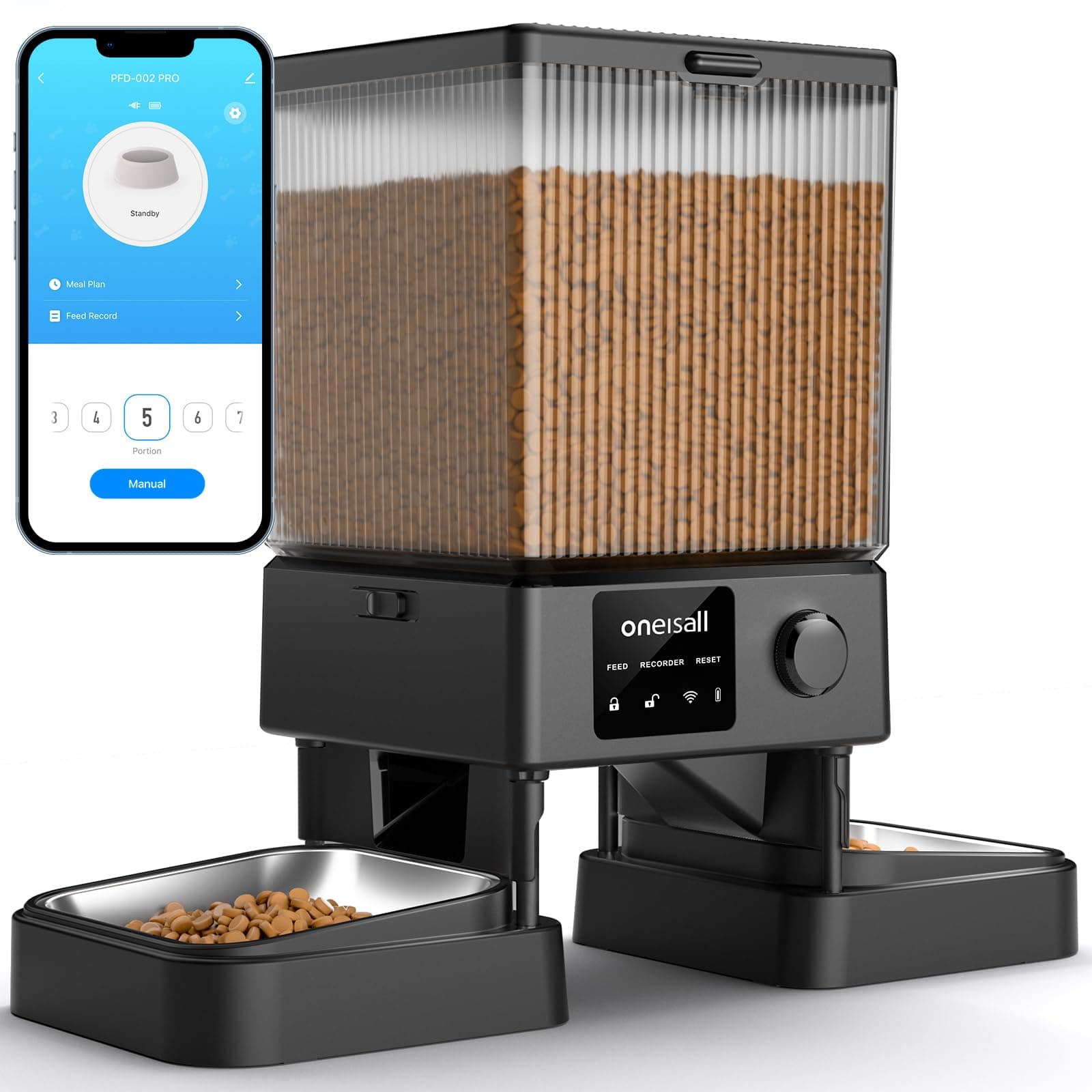 oneisall 5L Distributeur Croquettes Chat Automatique 2 bols
