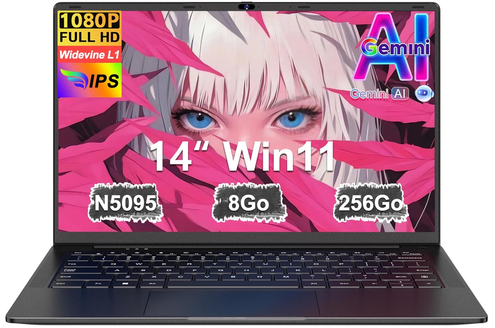 Ordinateur Portable 14 Pouces Celeron N5095 Win11 Pro 8Go RAM 256Go SSD Extension1To 5G WiFi 1920x1080 FHD PC Portable avec Souris sans Fil qwerty Clavier avec AZERTY Membrane du Clavie - Noir Métal