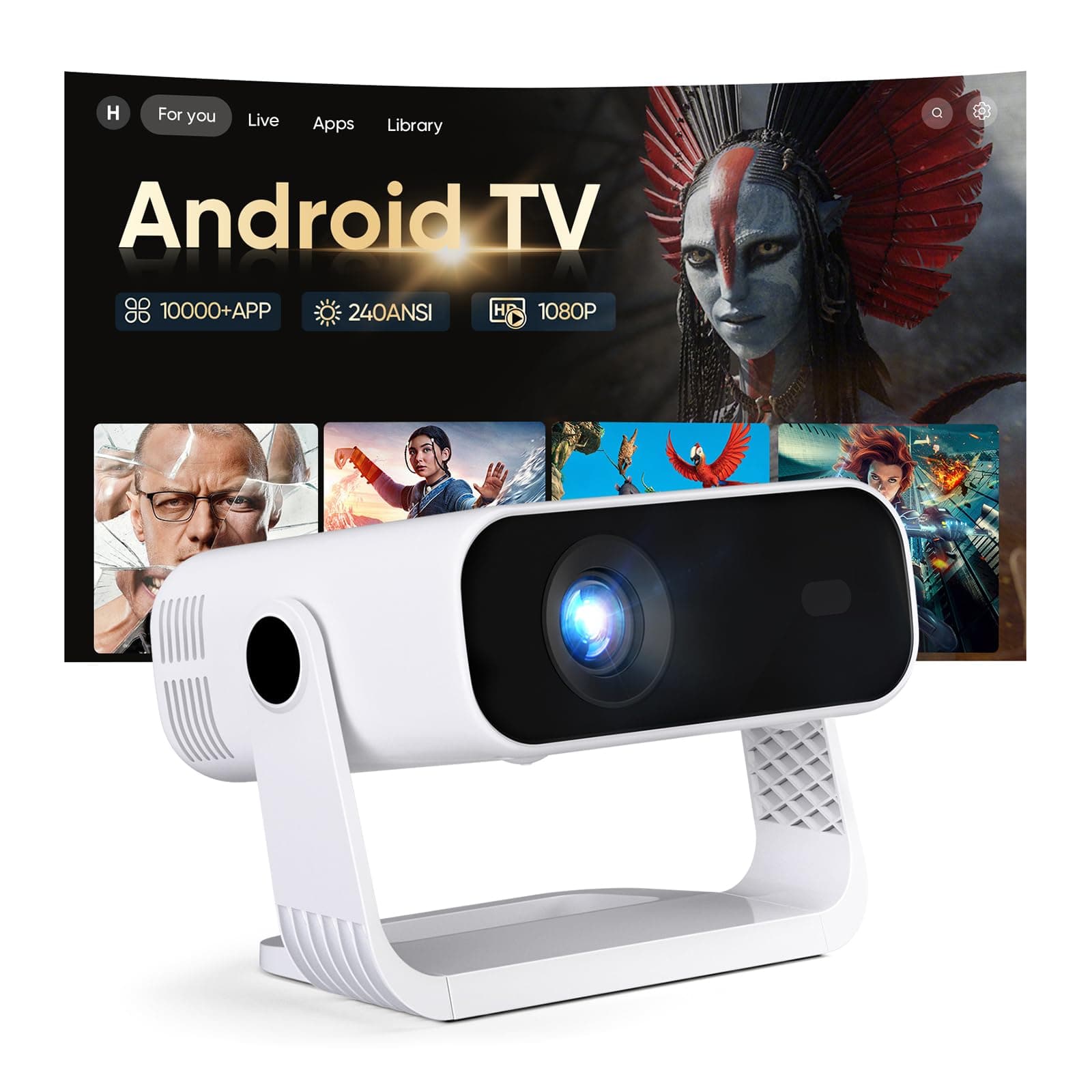 Videoprojecteur Intelligent Applications Intégrées Rétroprojecteur 1080P Natif Supporte 4K WiFi 6 Bluetooth 5.2 240 ANSI Correction Trapézoïdale Automatique Focus Électronique pour Android iOS HDMI