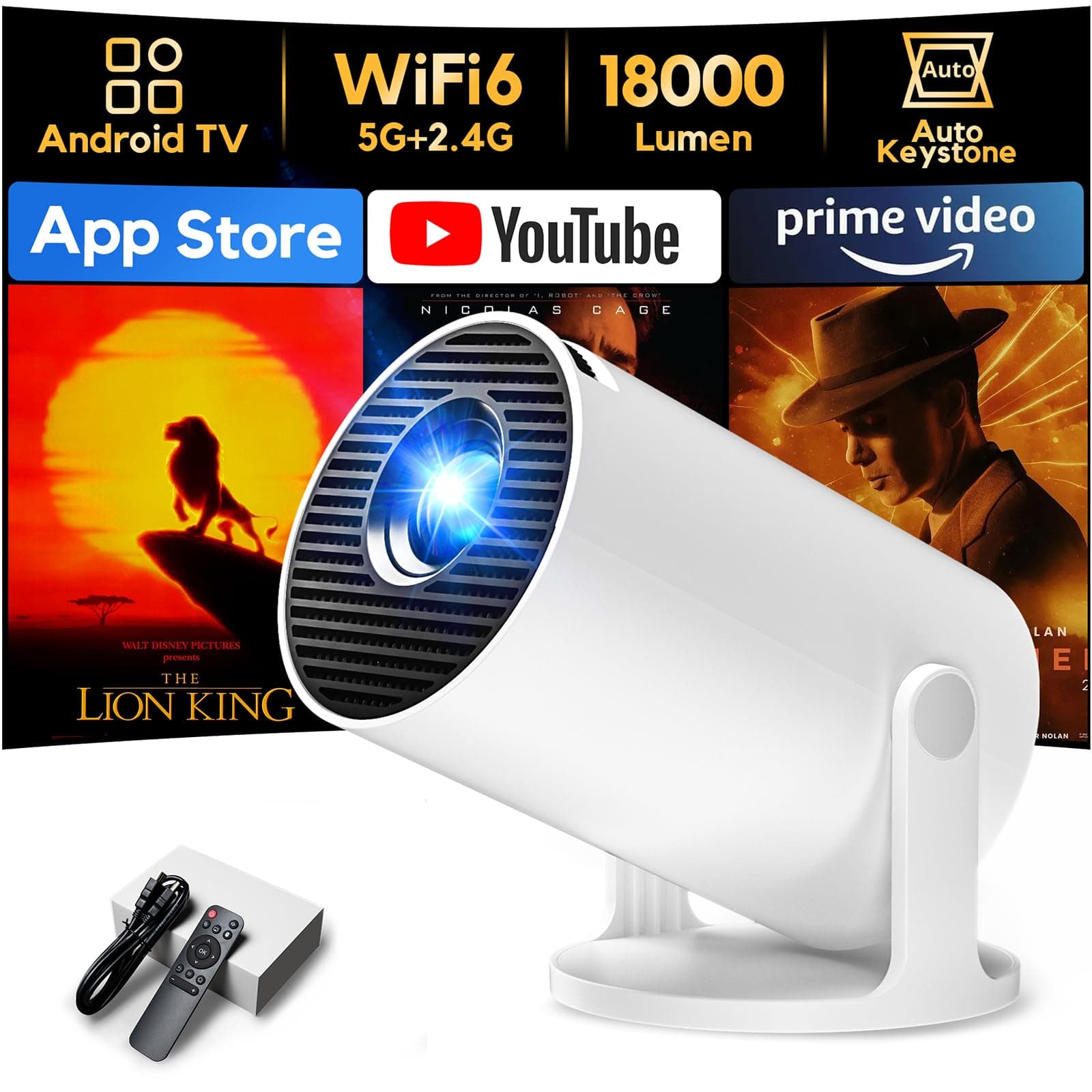 [Apps intégrées & 2026 Upgrad] AKIYO O2 Vidéoprojecteur avec WiFi 6 et Bluetooth 5.4 Projecteur Video Supporte 4K 1080P Auto Keystone 180° Rotation, Compatibile avec HDMI/TV Stick/USB/PS5/Laptop
