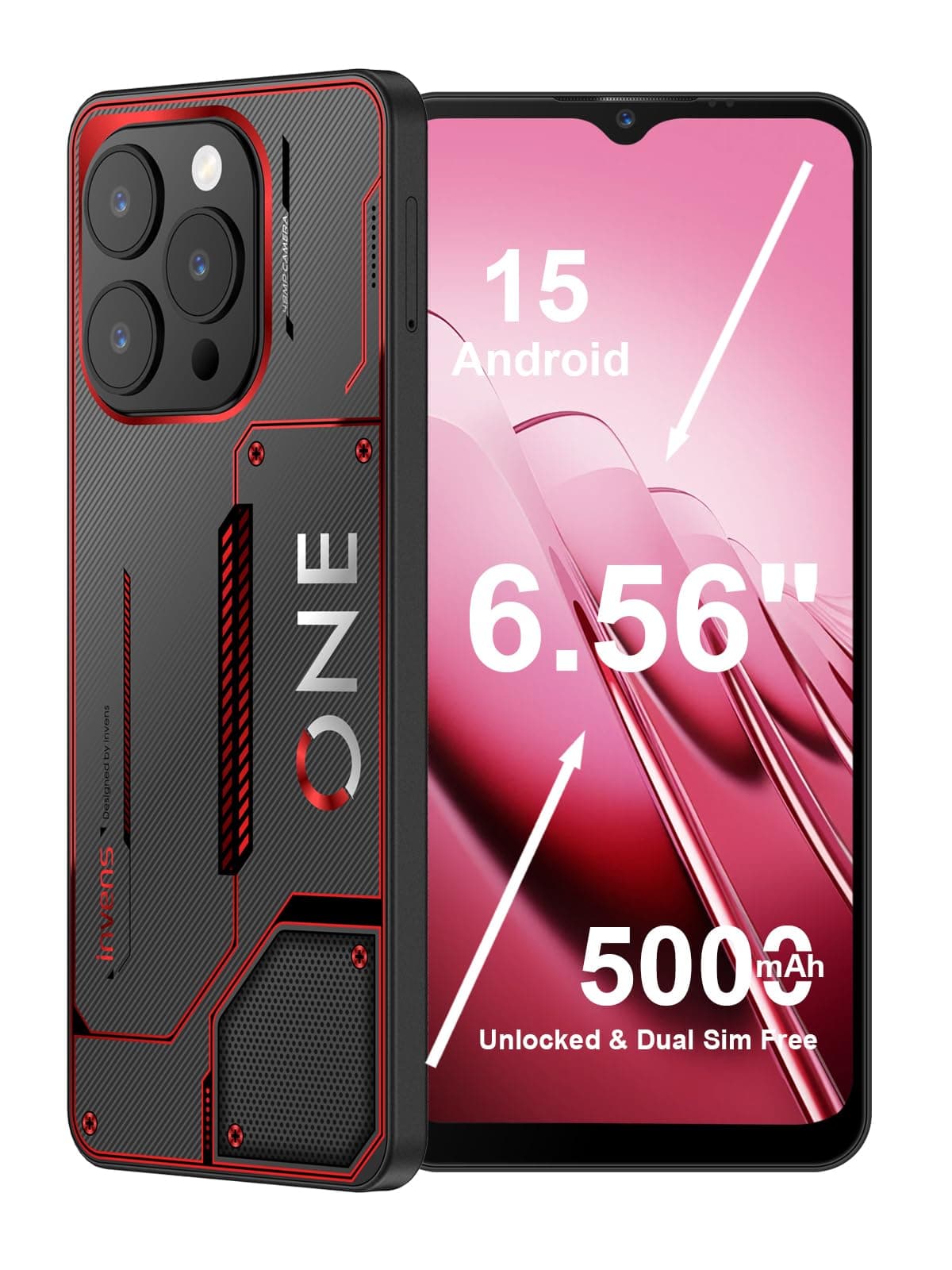 invens Note 12P Téléphone Portable Pas Cher, Écran 6.6" HD+, Caméra 48MP+8MP, Batterie 5000mAh, 16GB RAM 128GB ROM, Android 15 Smartphone débloqués, Double SIM + TF, Face ID/Empreinte Rouge Cyber