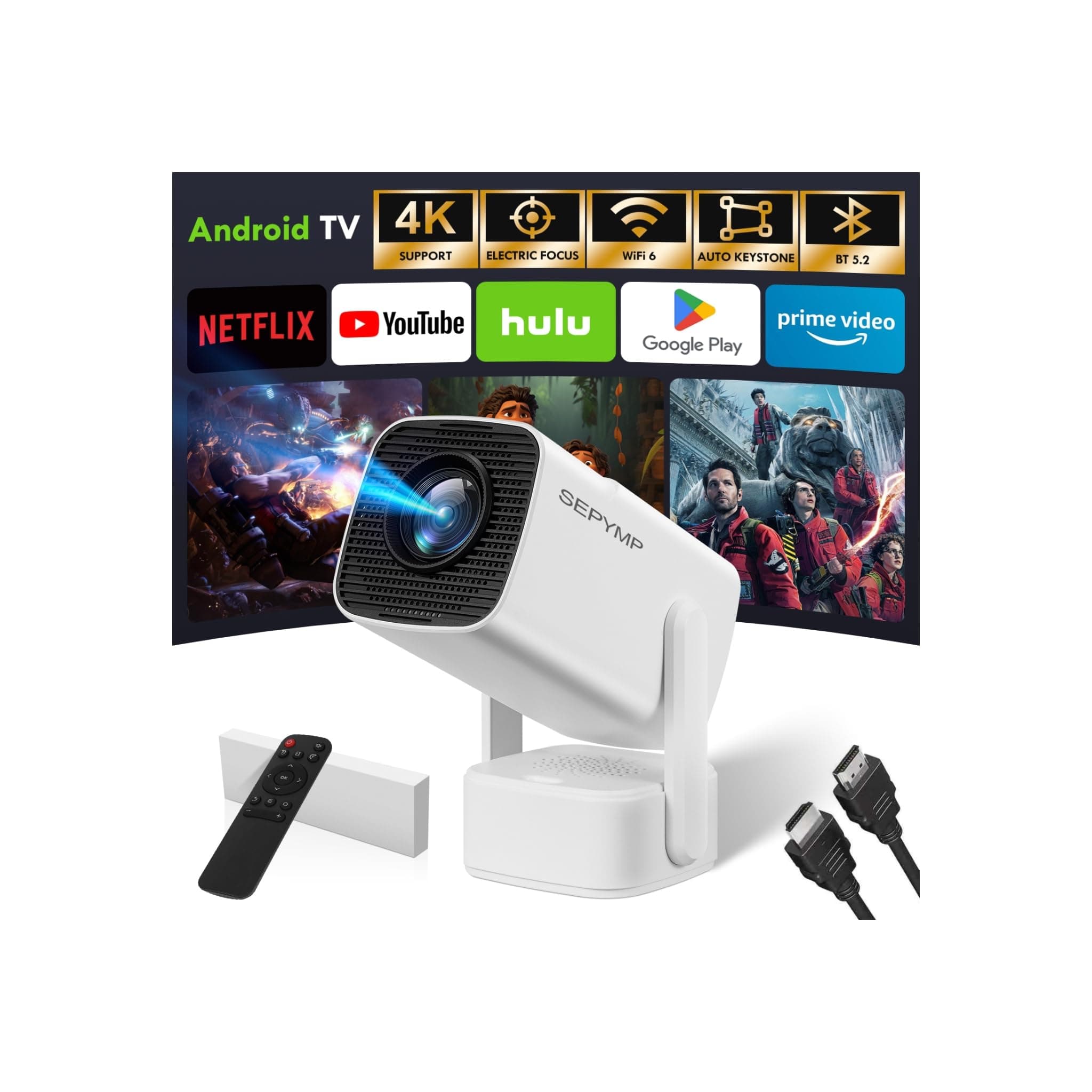 [Apps intégrées & 2026 Upgraded] Videoprojecteur avec WiFi 6 et Bluetooth 5.2, Mini Projecteur Supporte 4K 1080P Auto, Android 13, Keystone Rotation 180° Compatibile avec HDMI/TV Stick/Laptop/PS5