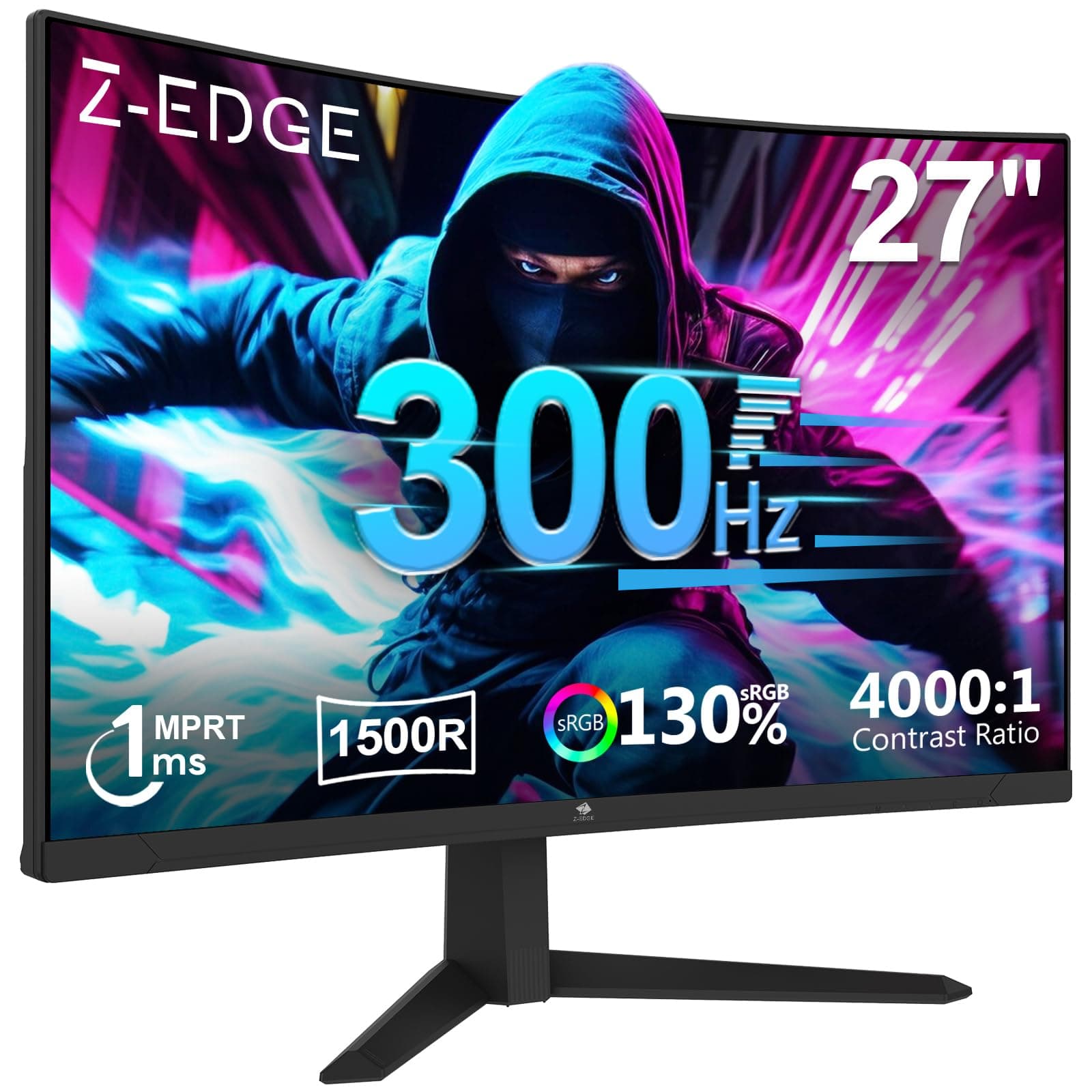 Z-Edge Ecran Pc Gamer Incurvé 27'' 300Hz (DP1.4 * 2), 1ms MPRT, FreeSync, FHD, 240Hz (HDMI2.0 * 2), Moniteur Gaming LED 16:9, Inclinaison Réglable, 1500R VA, 4000:1, VESA 100 * 100mm(DP Câble Inclus)