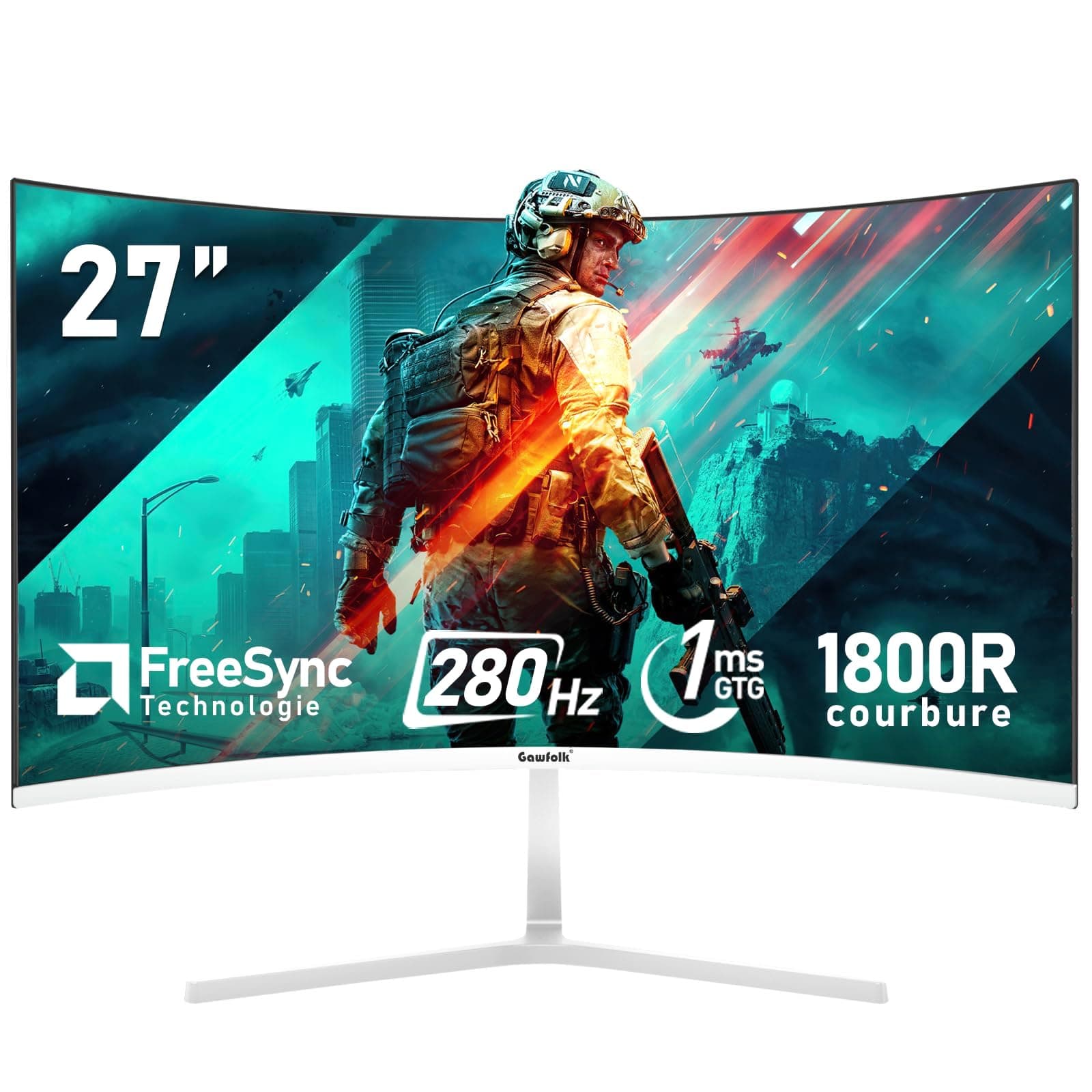 Gawfolk Écran PC 27 Pouces incurvé 280Hz Gaming Computer Moniteur, 1800R,1ms，FHD 1080p, 178 ° Grand Angle,Ultra - Mince Lunette, HDMI、DisplayPort,Compatible avec Montage Mural 100 * 100mm- Blanc