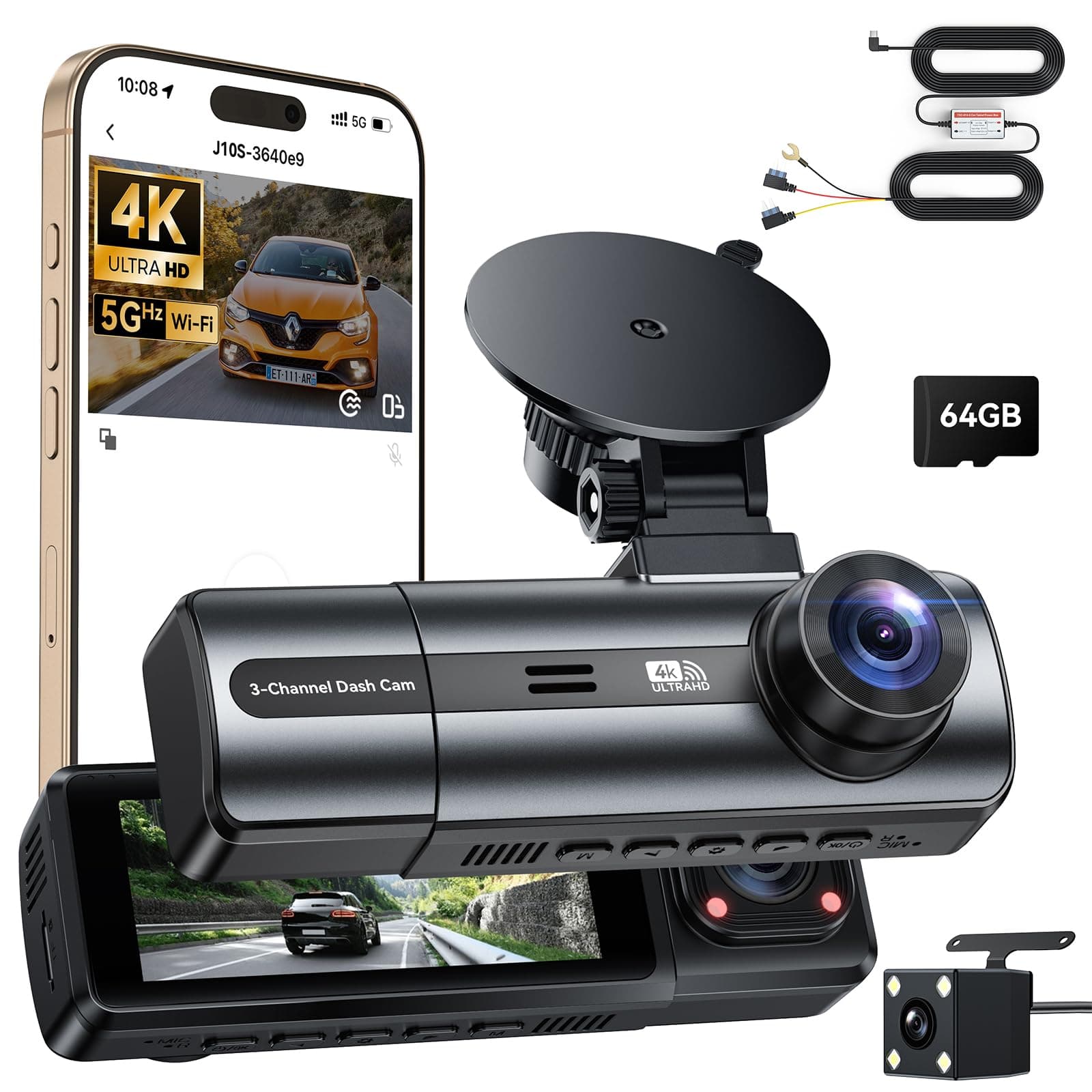 Dashcam Voiture 4K Avant Arrière avec Hardwire Kit