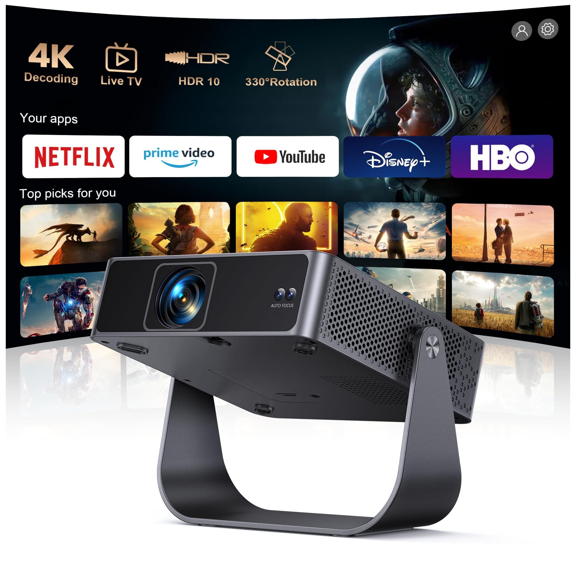 Mini Vidéoprojecteur 4K【Apps Officielles/Live TV/Rotation 330°】 Auto Focus/Keystone Projecteur Vidéo Portable 4K Courte Focale, HDR10, Mini Rétroprojecteur 1080P WiFi6 Bluetooth Home Cinéma/Extérieur