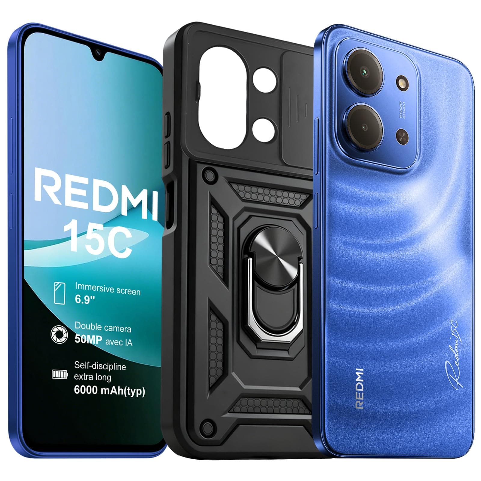 XIAOMI Redmi 15C Smartphone(Coque Inclus), 4Go RAM 128 Go ROM, Triple caméra arrière de 50MP avec IA, Écran 6,9 Pouces Batterie 6000 mAh, Affichage de Soins oculaires 120 Hz (Bleu) – Image 1