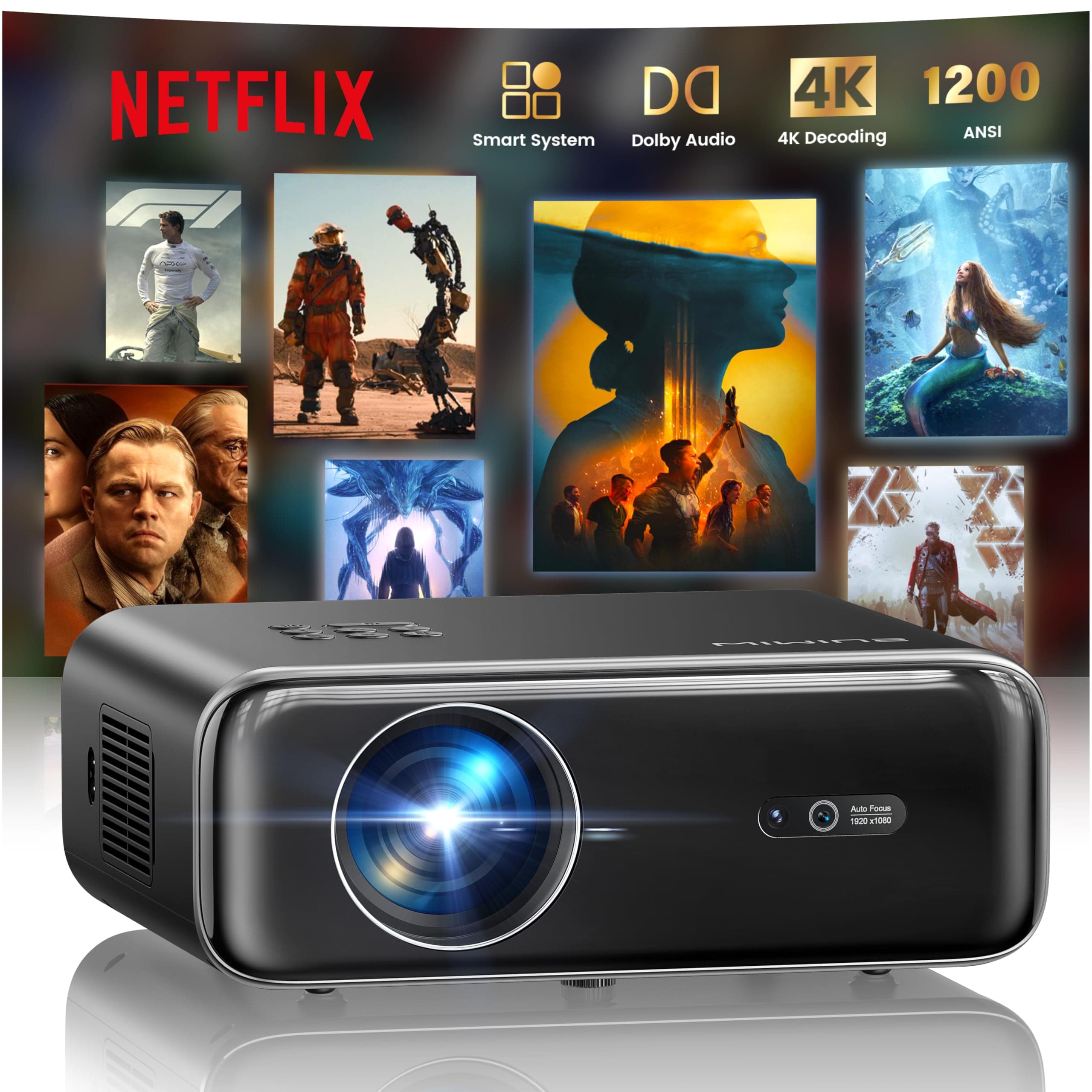 Vidéoprojecteur 4K【Netflix Inclus/Dolby】 1400 ANSI Projecteur Vidéo 4K Auto Focus/Keystone WiFi Bluetooth FHD 1080P, HDR10, Smart Rétroprojecteur Portable WiFi6 Extérieur Zoom50% Cadeau/Home Cinéma