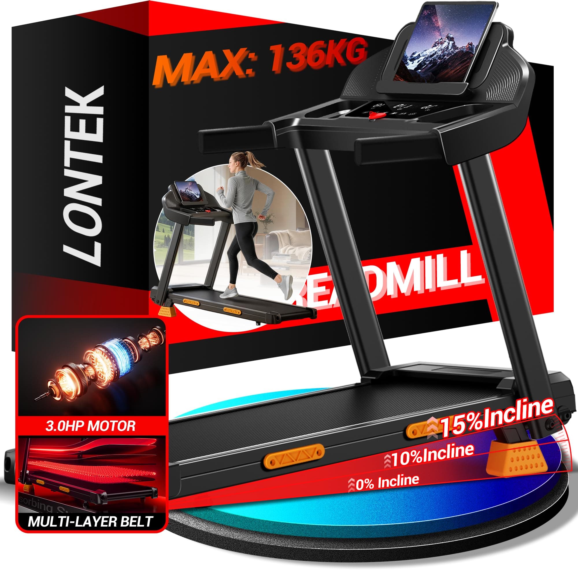 LONTEK Tapis de Course Pliable Inclinable 15%