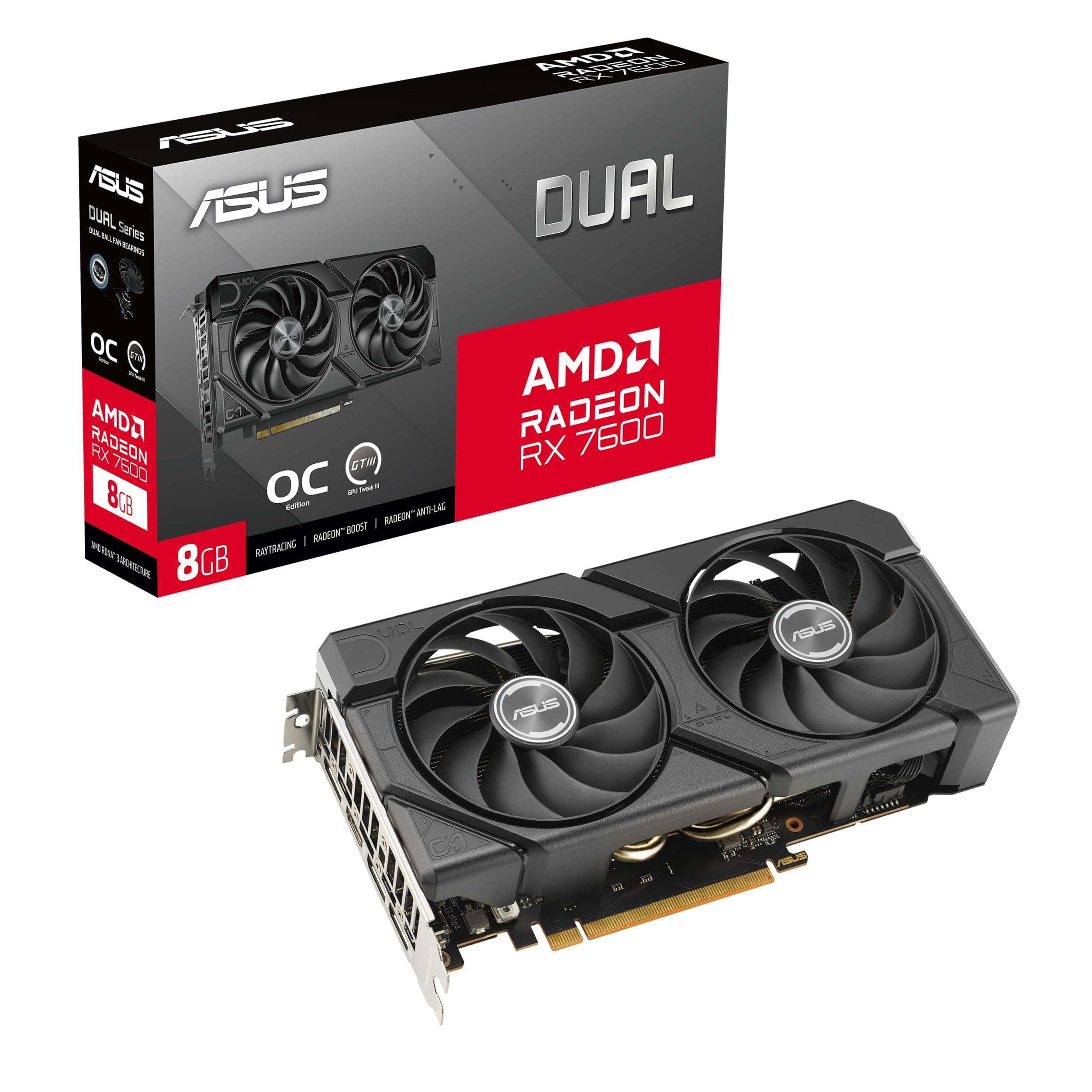 ASUS Dual Radeon™ RX 7600 Evo OC Edition 8 Go GDDR6 - Carte Graphique (PCIe® 4.0, HDMI® 2.1, DisplayPort™ 1.4a, Conception à 2,5 Slots, Ventilateurs Axial-Tech, GPU Tweak III)