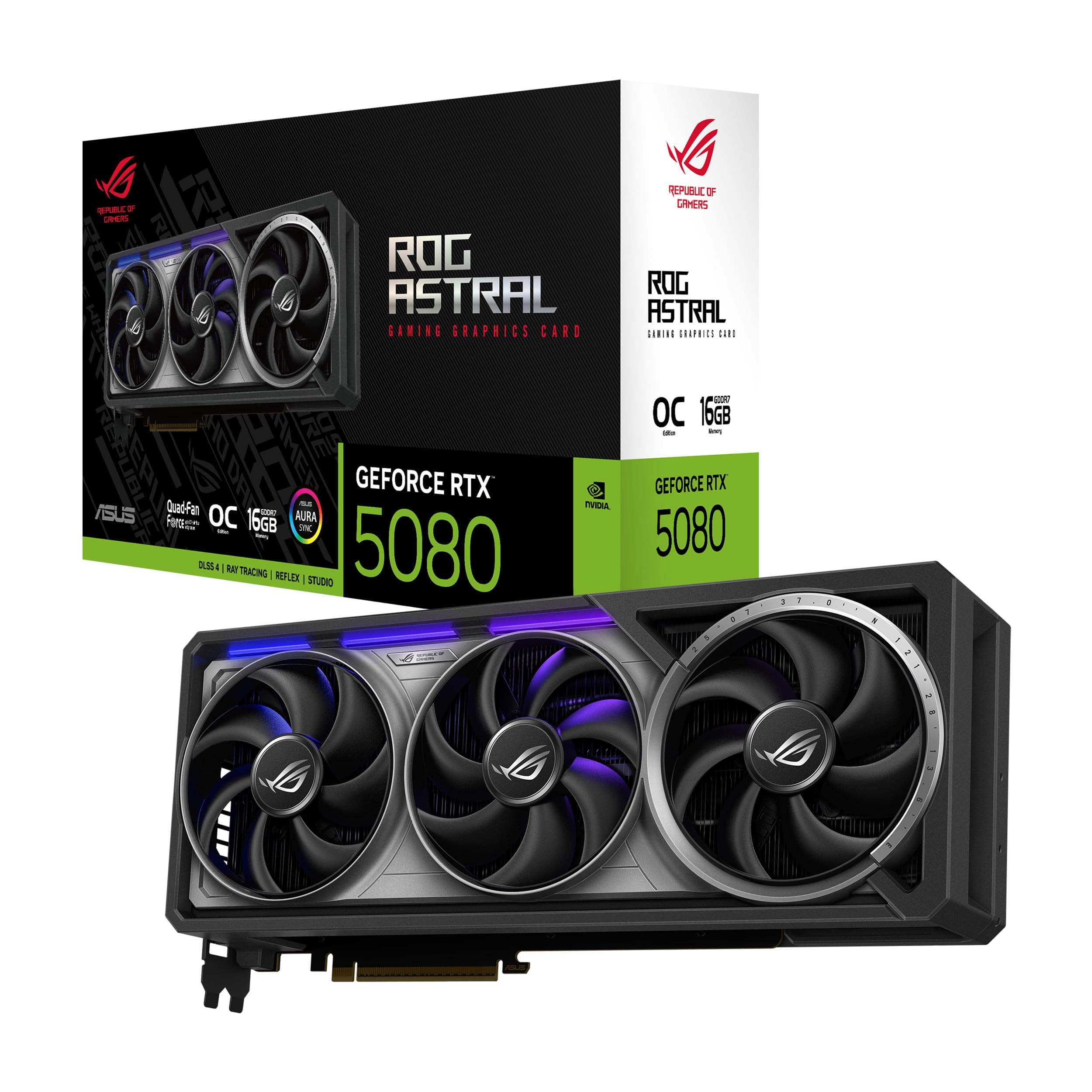 ASUS ROG Astral GeForce RTX 5080 16GB GDDR7 OC Edition – Carte Graphique Gaming (PCIe 5.0, HDMI, Display 2.1, 3.8 Slot, 4 Ventilateurs axiaux, Pad Thermique GPU)