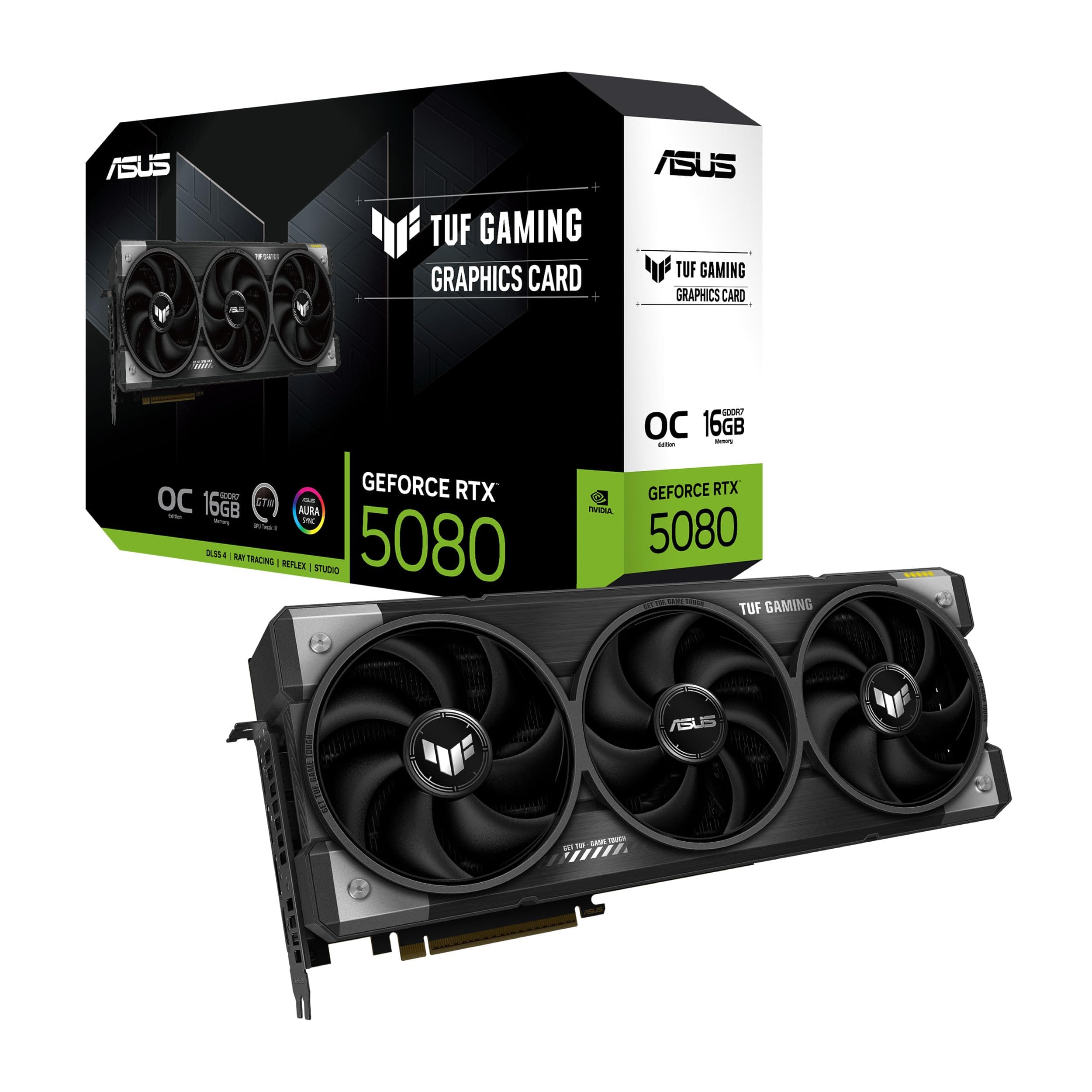 ASUS TUF Gaming GeForce RTX 5080 16GB GDDR7 OC Edition – Carte Graphique Gaming (PCIe 5.0, HDMI, Display 2.1, 3.6 Slot, Ventilateurs axiaux, revêtement Protecteur PCB)