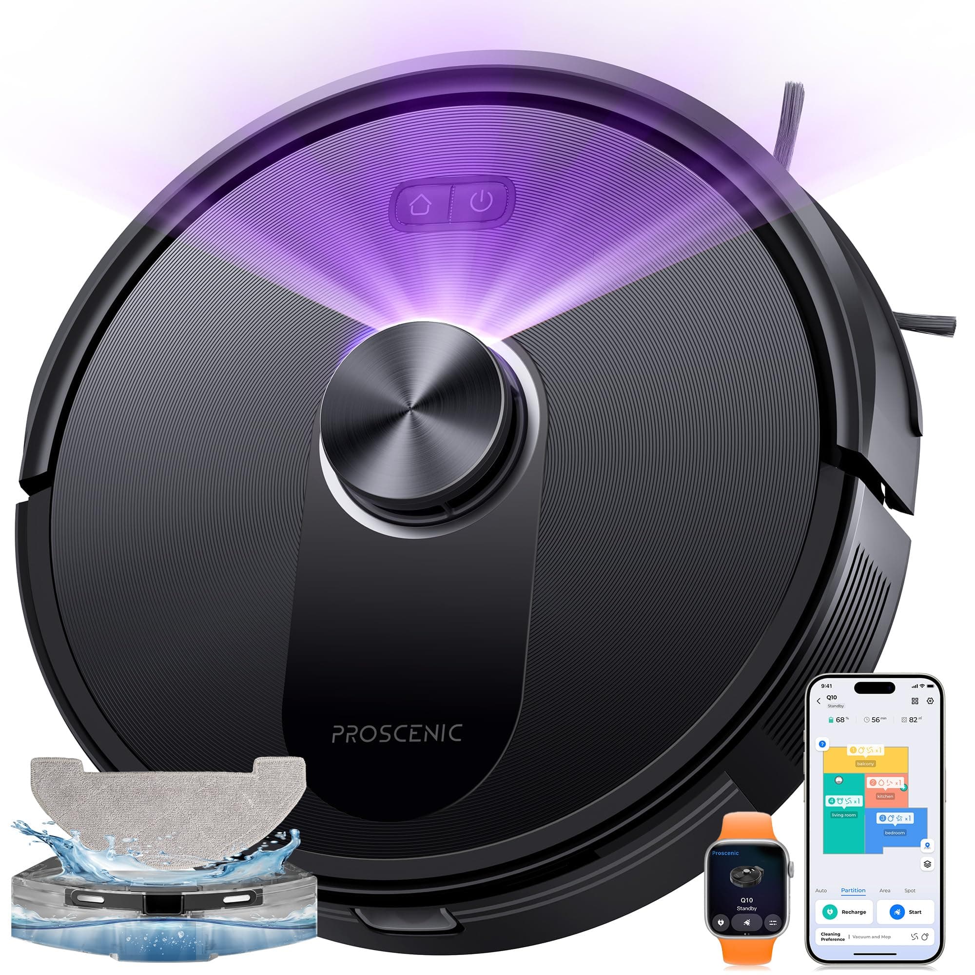 Proscenic Q10+ Aspirateur Robot,8000Pa 200Mins Robot Aspirateur Laveur avec Serpillière,Navigation Lidar,Multi-étage Cartographie,Évitement d'obstacles,Silencieux,pour Poils Animaux Tapis Sols Durs
